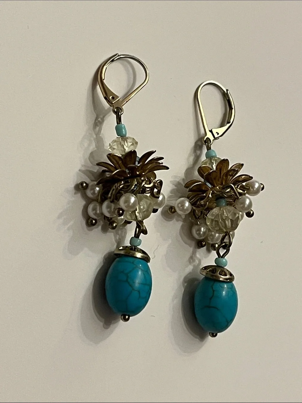 Talbots Turquoise Cluster Drop Earrings with Faux Pearls and Crystal Beads